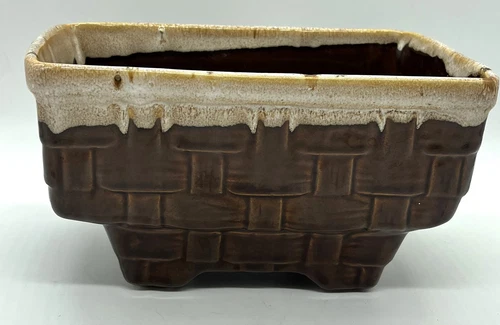 Vintage Brush McCoy Pottery Brown Drip Glaze Planter Basket Weave