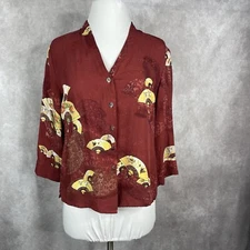 Citron Santa Monica 100% Silk Asian Fan Print Button Up Top In Red Size S Petite