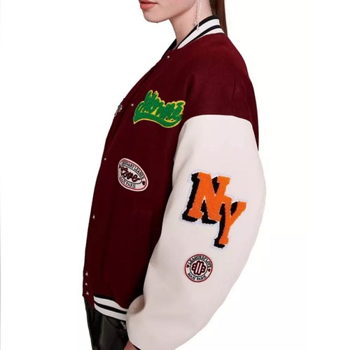 NWT NEW MAJE Varsity Wool Blend Patch Belove Bomber Jacket Merlot size 0/XS $685 - Picture 6 of 16
