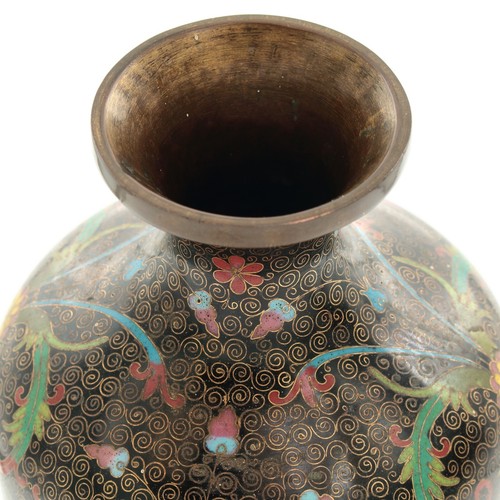 Antique Chinese Cloisonné Vases Pair Floral Decorations on Black Background - Picture 4 of 24