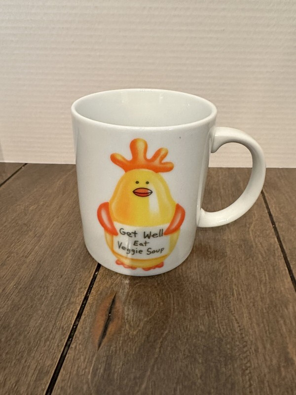 Get Well Coffee Mug, Eat Veggie Soup, White Yellow Chicken