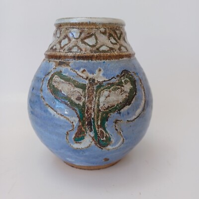 Our Gang Pottery Vase Blue Butterfly Hand Crafted Folk Art