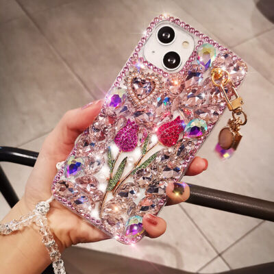Flower Women/Girl Rhinestone Bling Glitter Diamond Rubber Clear Back Phone Case