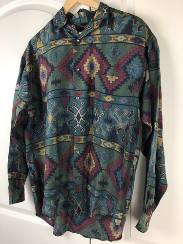 Vintage Structure 100% Silk Mens Aztec Silk Shirt Button Down Size S - Picture 2 of 13