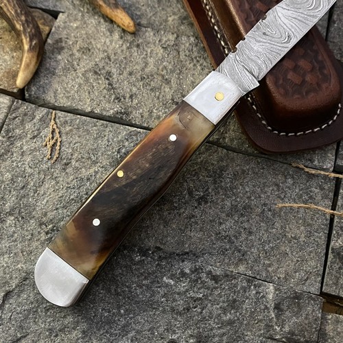 SHARD™ CUSTOM HAND FORGED Damascus Steel Trapper Folding Pocket Knife W/Sheath - Picture 7 of 12