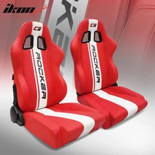 Universal Pair Reclinable Racing Seat + Dual Slider White Striped Red PU Leather