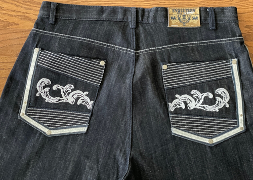 EVOLUTION IN DESIGN Black Denim Baggy Jeans Embroidered Men's Tagged 42x34 - Picture 3 of 14