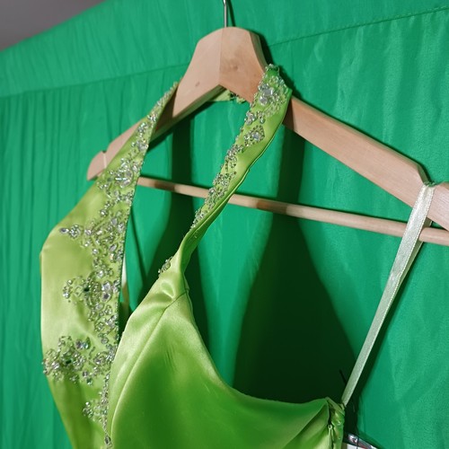 Women's Lime Green Halter Embroidered Satin Maxi Dress Formal Prom Wedding - Picture 9 of 21