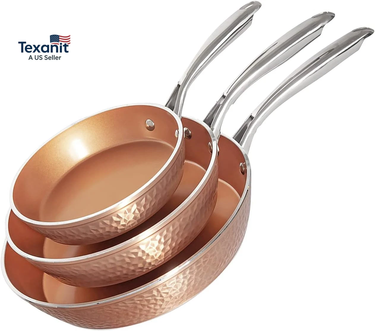 Hammered Frying Pan Set, 3 Piece Nonstick Copper Fry Pans, 8”, 10” & 12” Skillet