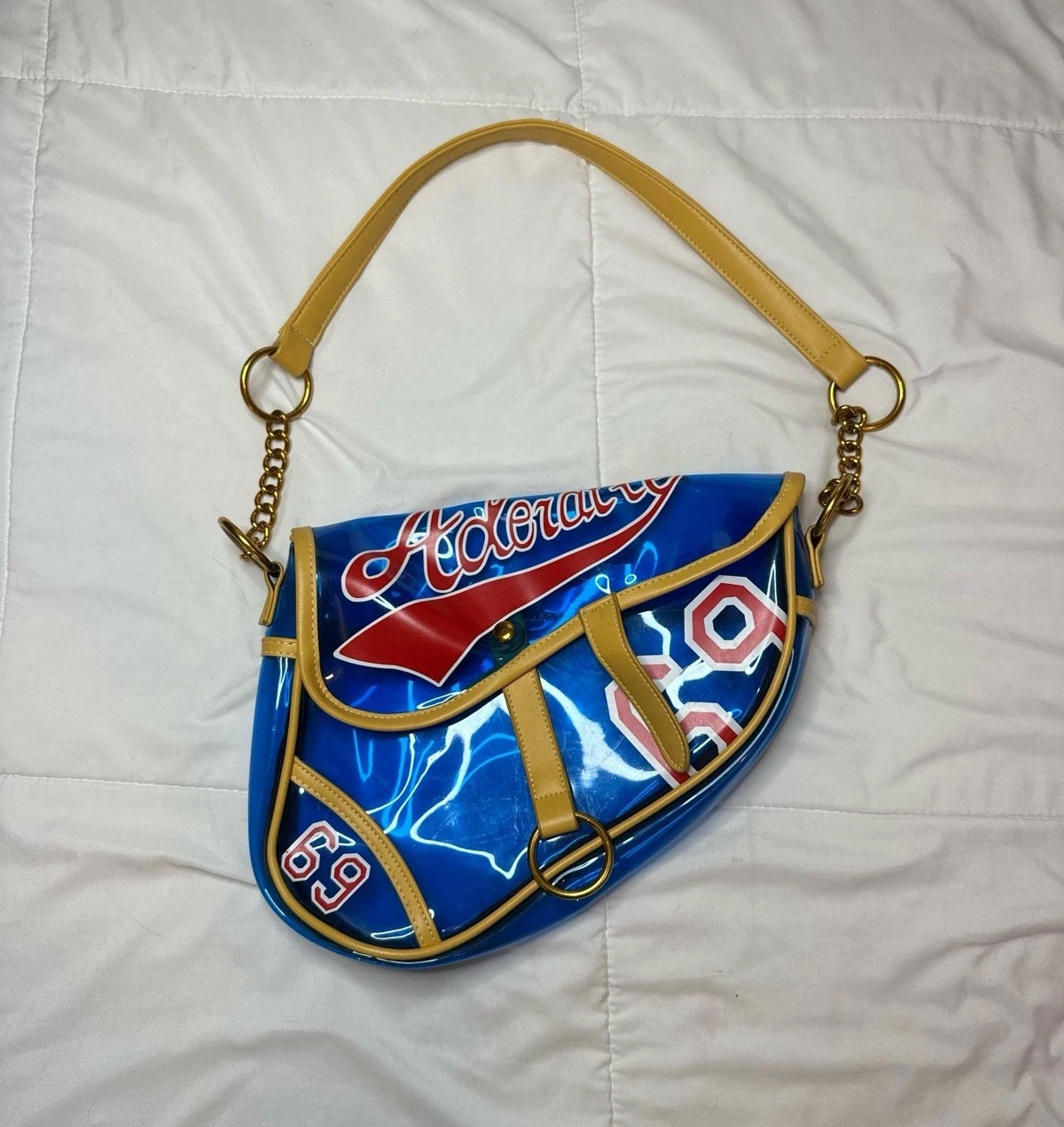 Y2K PVC Saddle Handbag 69 Blue Gold Chain Shoulder Bag Purse Luxury Designer