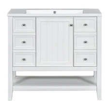 36-Inch White Bathroom Vanity with Ceramic Sink, Solid Wood & MDF Cabinet, 3