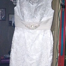 Bobi Bridal silver Lace Cap Sleeve Full-Length Wedding Dress Boat Neck Beading