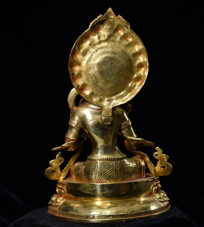 9.5" China Old Antique Tibetan Buddhism Brass Gilt Green Tara Buddha Statue - Image 3 of 4