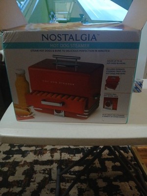 Nostalgia Hot Dog Steamer Red Cool-touch Handles Bun Warming Tray Cooking Dial