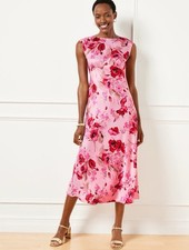 Talbots Watercolor Bouquets Satin Midi Dress Plus 18W Pink Red Floral P251036727