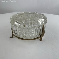 Vintage Round Beveled Glass Lidded Casket Brass Footed Jewelry Trinket Box