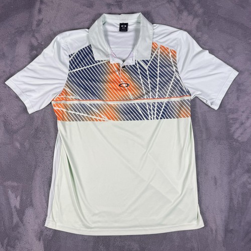 Oakley Polo Shirt Mens Size L White Orange Stripe Regular Fit Golf Performance