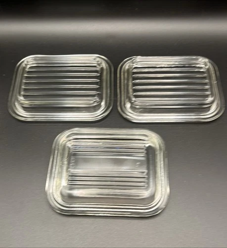 (3) Vintage Fridge Lids Fit 1.5 C. Refrigerator dish Clear Ribbed replacement