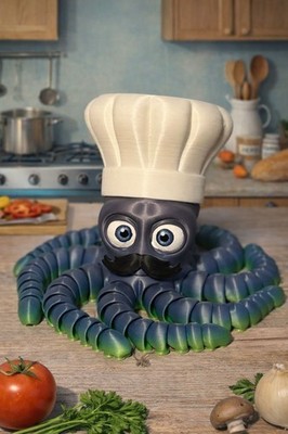 Chef Octopus   Size H 4  x W 9    3D Printed   Flexible