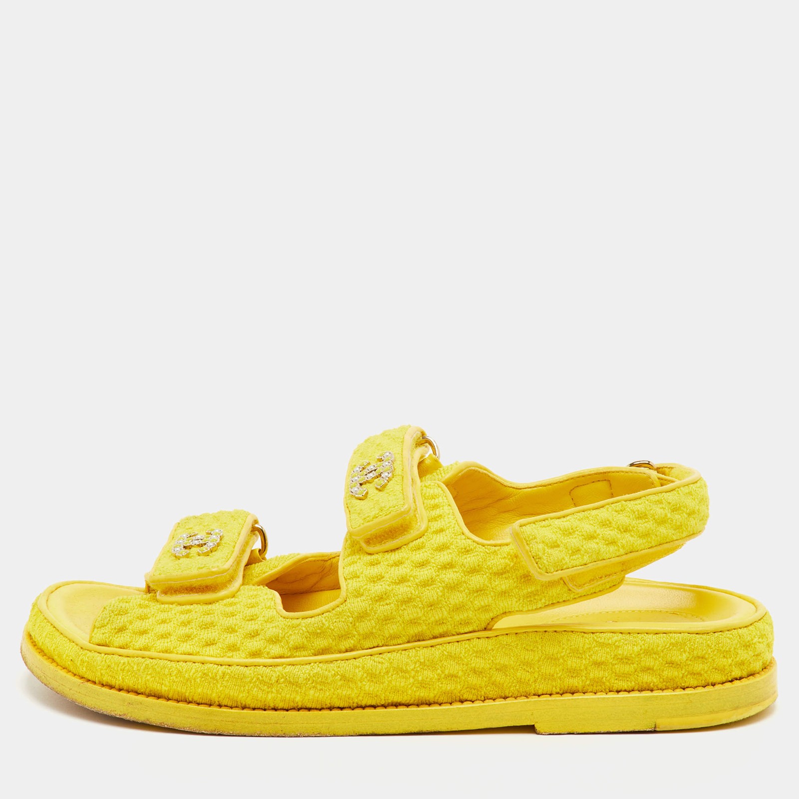 Chanel Dad Size 37.5 Yellow Fabric CC Ankle Strap Flat Sandals