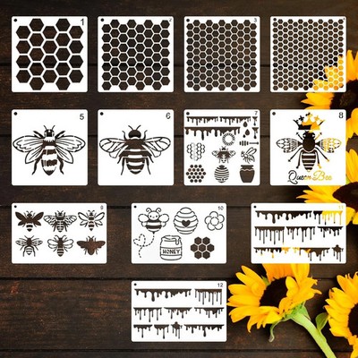 12Pcs Bee Stencils for Painting, Art Honeycomb Stencil for Crafts Reusable, Text