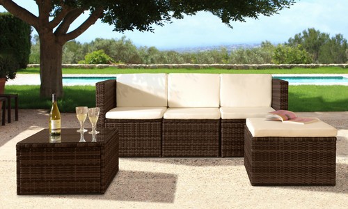 3PC Rattan Garden Patio Furniture Set - Sofa, Footstool & Coffee Table - Picture 2 of 3