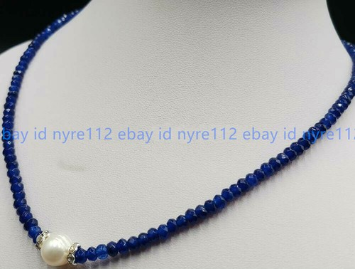 18" Faceted Blue Jade Rondelle Beads & 9-10mm White Cultured Pearl Necklace - Picture 7 of 12