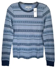 American Eagle Women's Waffle Knit Thermal Top Long Sleeve Size S Blue Printed