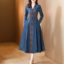 Retro Ethnic Style Denim Dress Womens Long Sleeve V Neck Swing A Line Embroidery