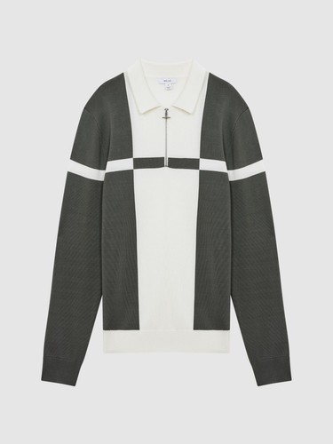 REISS Langland Slim Fit Colourblock Half-Zip Jumper Top in Gunmetal/Ecru Size M - Picture 4 of 4