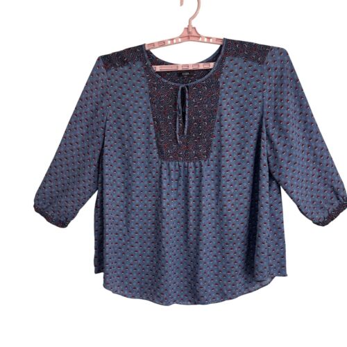 NYDJ Womens 2X Blue & Red Print 3/4 Sleeve Blouse Top Peasant Boho Hippie