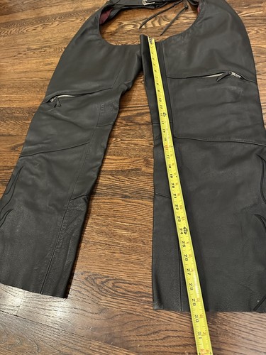 Power-Trip Black Leather Motorcycle Chaps Biker Flames size Large - Foto 4 di 7