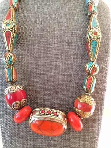 CORAL AND TURQUOISE NECKLACE HANDMADE WITH TIBETAN INLAID BEADS DIFFERENT SHAPE - Picture 8 of 12
