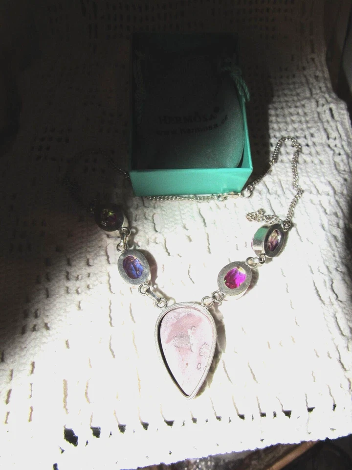 Hermosa Rodonita Rosa y Piedras Preciosas Rosa Caliente Conjunto en Plata 925 Foto 3 de 4