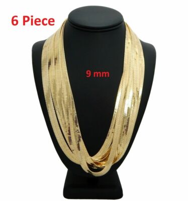 6 Pcs Herringbone Chain Necklace 9mm 18'' 20'' 24'' 30'' Gold Finish Wholesale Lots