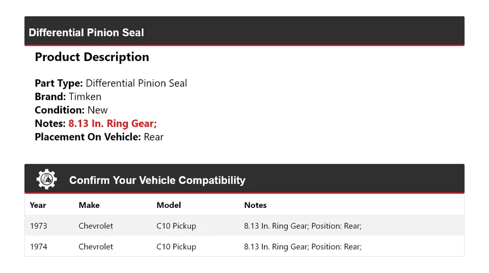 Sello de piñón diferencial Timken trasero para camioneta Chevrolet C10 1973-1974 Foto 2 de 4