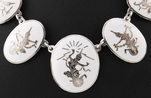 Vtg Siam 925 Sterling Silver Graduated White Enamel Oval Goddess Link Necklace - Picture 3 of 10