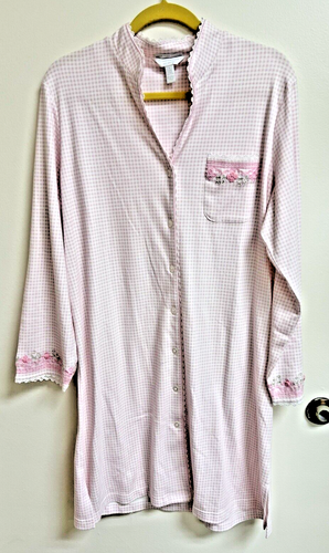 NWT Charter Club Woman's SX L Pima Cotton Pink Gingham Nightgown Floral Embroide