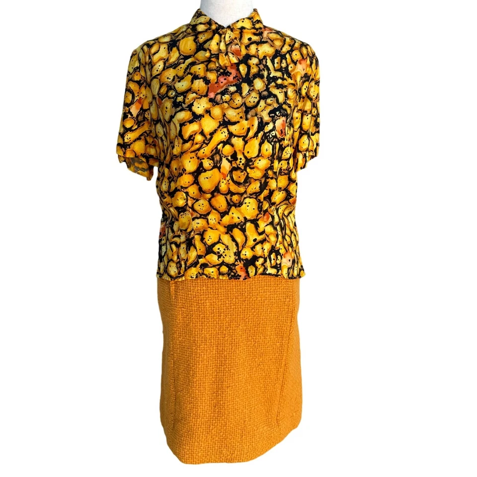 Eres Couture Vintage 50s 60s Womens Boucle Yellow Black Print Top Skirt Blazer S - Image 2 of 4