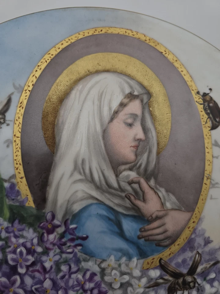 Plaque Signee Porcelaine Peinte Art Nouveau Vierge Marie Scarabés - Photo 3/4