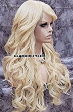 FULL WIG LONG LAYERED WAVY SIDE HAIR PART BLEACH BLONDE HEAT OK #613 NWT