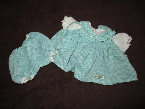 Vtg 1980s Coleco Cabbage Patch Kids Aqua Gingham Dress & Bloomers Shoulder Ties