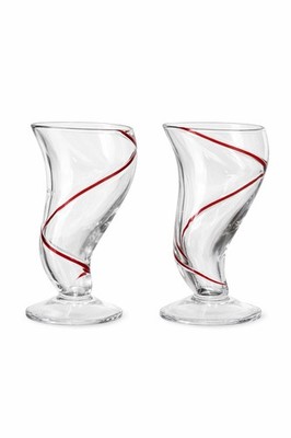 PIER 1 ~Handblown Red Swirline Tornado Footed Glass Set of 2