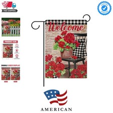 Welcome Spring Geranium Red Flower Decorative Garden Flag, Black White Buffal...