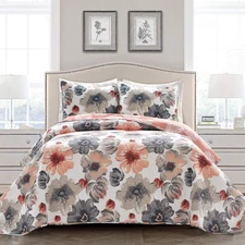 Leah Reversible Floral Quilt Set, 3 Piece Set, Full/Queen, Coral & Gray - Wat...