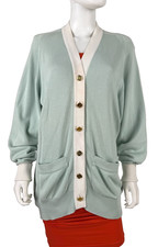 Chanel Auth 12 US 48 IT L 100 Cotton Green Cardigan Sweater Gold Button Runway