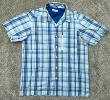 Columbia Shirt Men's Medium Blue White Plaid Kestrel Trail II Omni Shade UPF 50