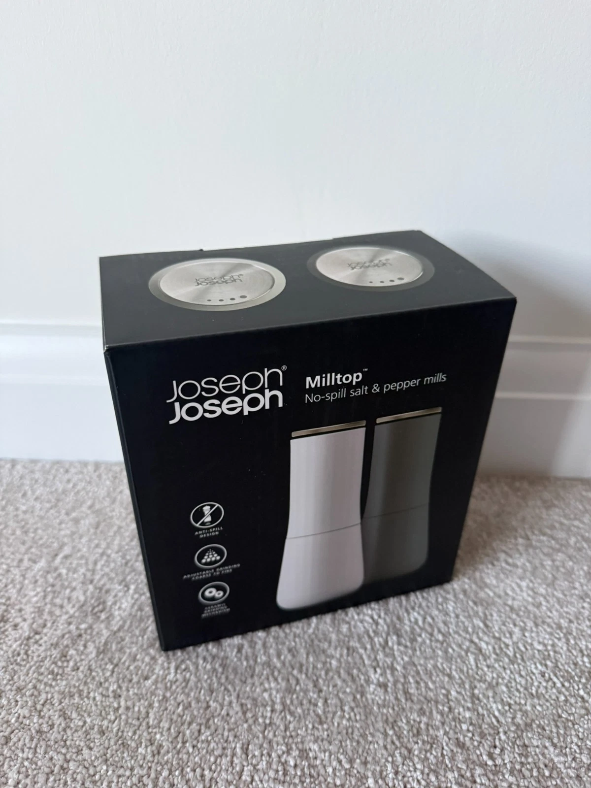 New Joseph Joseph Milltop Mill Top Non-Spill No Spill Salt & Pepper Mill Grey