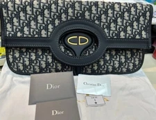 Christian Dior Oblique Fold Over Large Blue Canvas Clutch Tote Bag