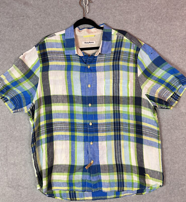 Tommy Bahama Shirt Men XL 100% Linen Plaid Beach Button Up Short Sleeve